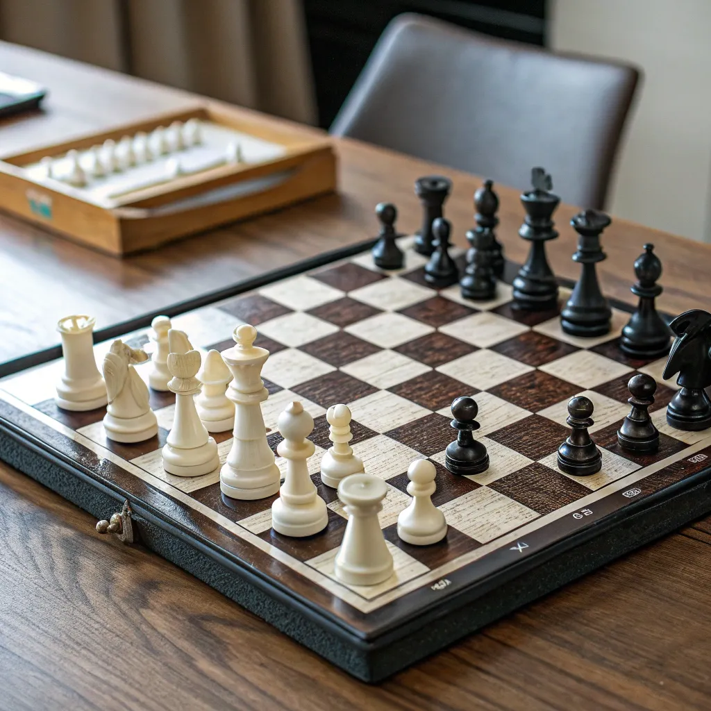 Chess board with pieces placed for middle game