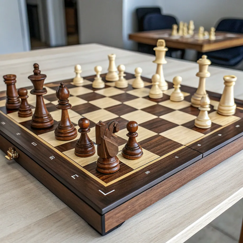 A detailed view of a chess board with sophisticated strategies in play
